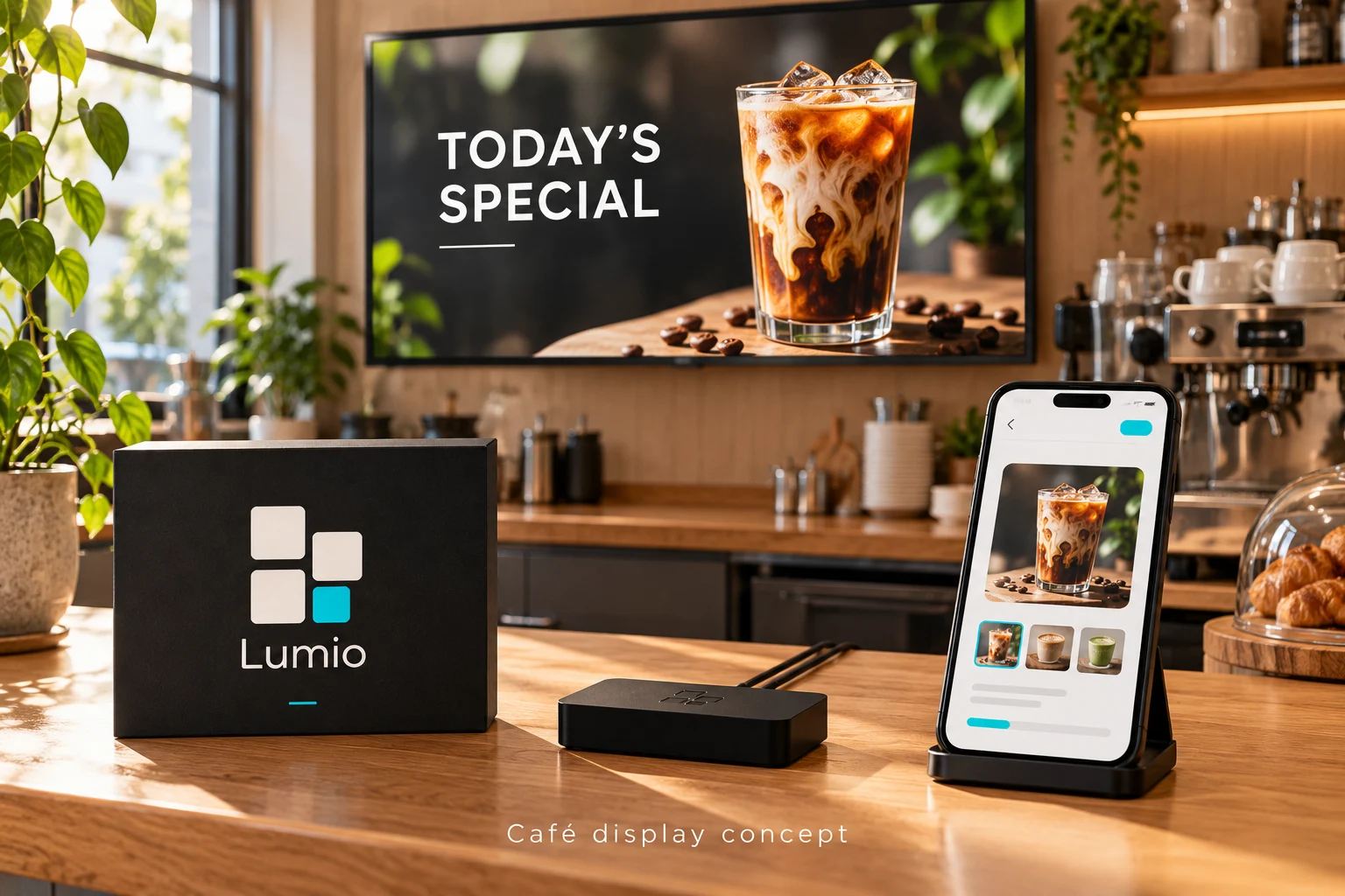ภาพแนวคิดคาเฟ่พร้อมอุปกรณ์ Lumio P07 แบบปิด กล่องบรรจุภัณฑ์ มือถือ และทีวีแสดงภาพกาแฟเดียวกัน