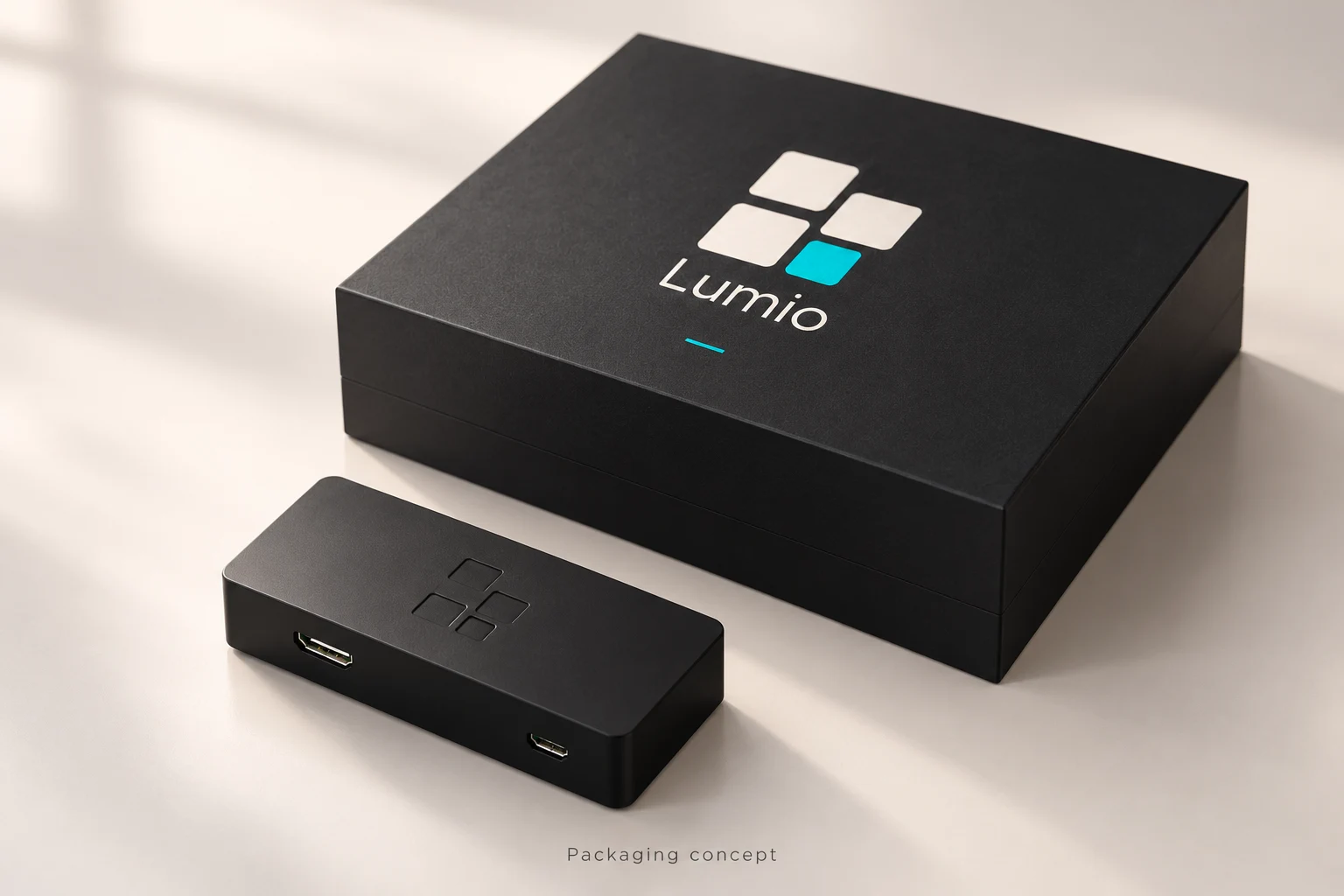 ภาพแนวคิดอุปกรณ์ Lumio P07 แบบปิดวางคู่กล่องบรรจุภัณฑ์ โดยไม่แสดงภายในกล่อง