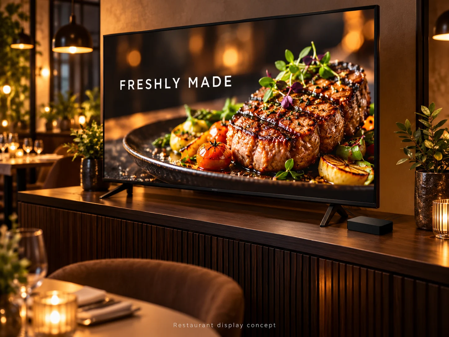 ภาพแนวคิดร้านอาหารพร้อมทีวีแสดงภาพอาหารและอุปกรณ์ Lumio P07 แบบปิดข้างทีวี